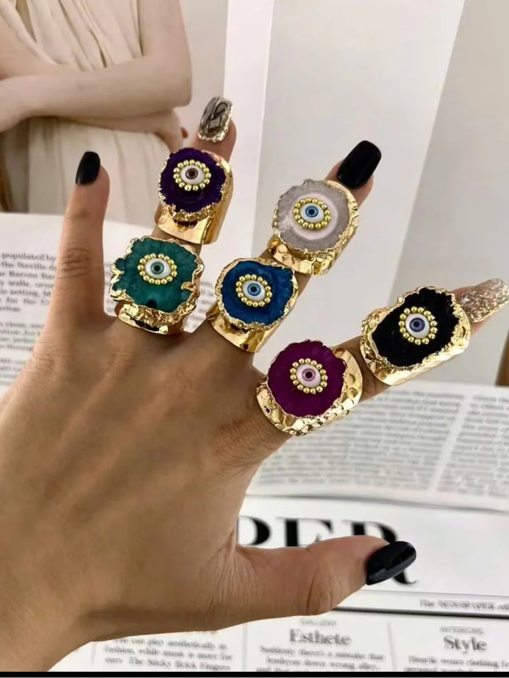 New! Gold-Plated White Synthetic Geode Agate Druzy Evil Eye Statement Ring